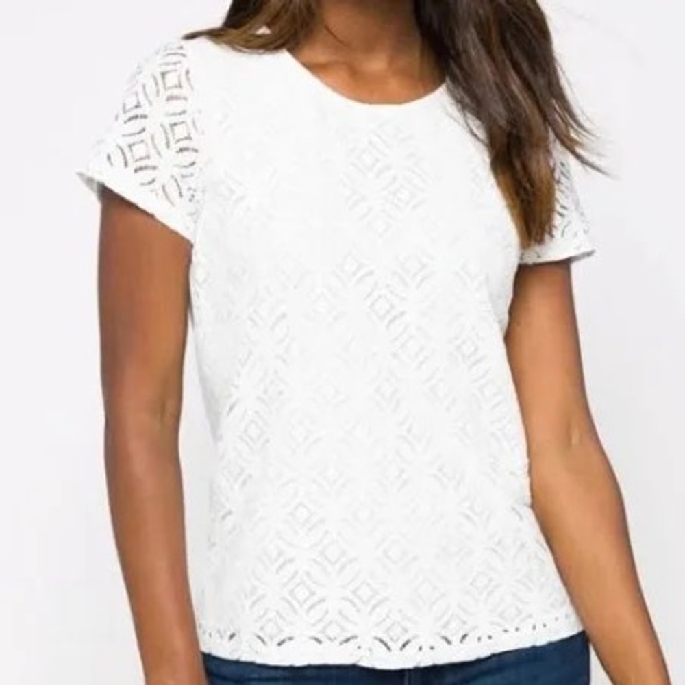 Market & Spruce White Geometric Lace Short Sleeve Zipper Back Top Large